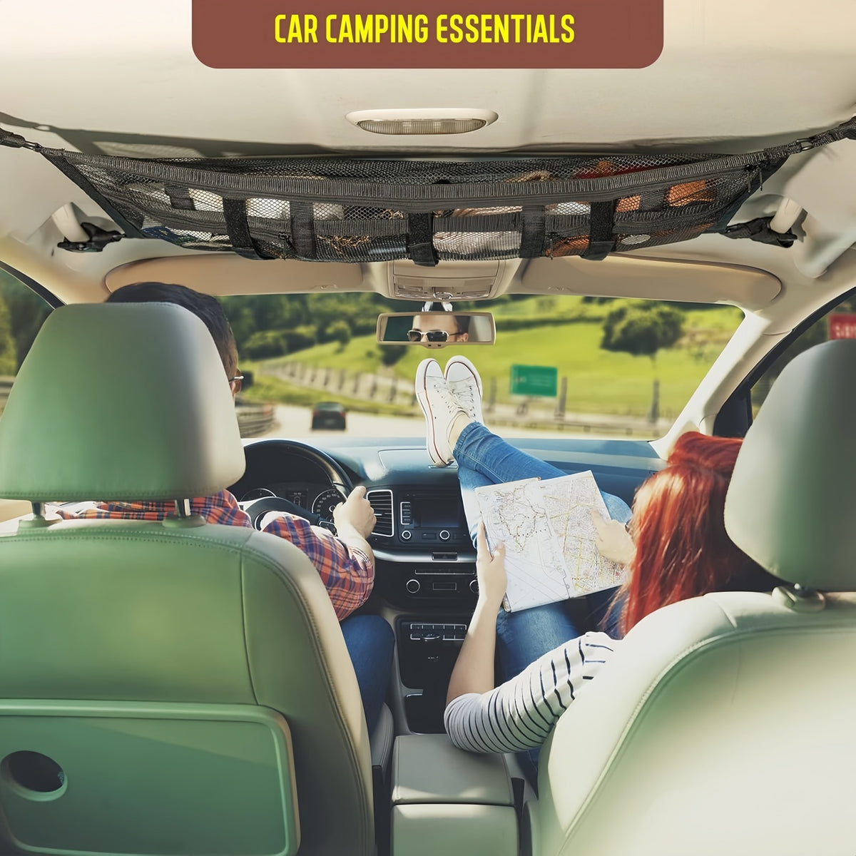 Upgrade Car Ceiling Cargo Net Pocket, 31.5"x21.6" Strengthen Load-Bearing and Droop Less Double-Layer Mesh Car Roof Storage Organizer,Truck SUV Travel Long Road Trip Camping Interior Accessories