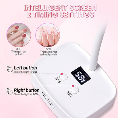 Gooseneck LED Nail Lamp 360° Flexible Portable USB Rechargeable Gel Nail Dryer Auto Sensor LCD Display 2 Timer Settings 9-Bead Dual Light Quick Dry for Home Salon Gel Polish Nail Art White
