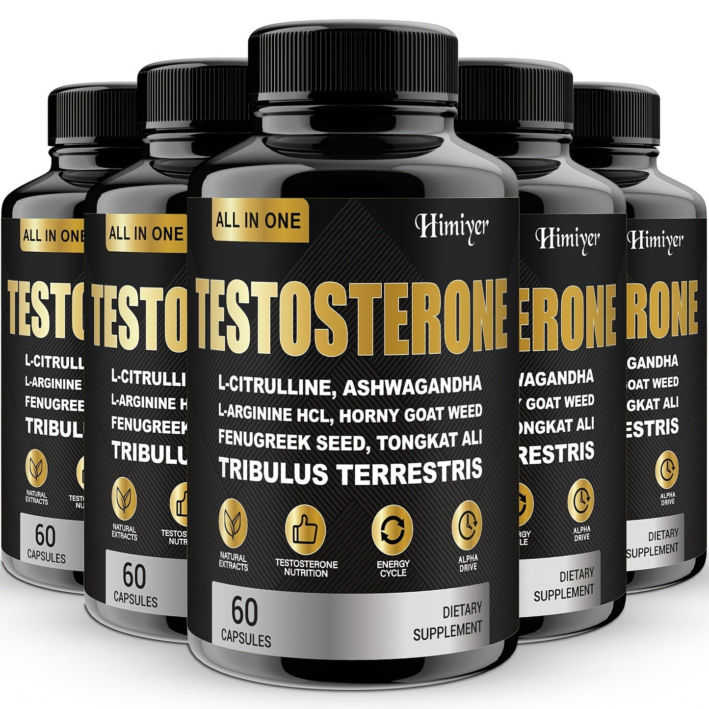 Tongkat Ali Supplement for Men with Horny Goat Weed, Ashwagandha, L-Arginine & L-Citrulline — 5-in-1 Testosterone, Energy, Stamina & Nitric Oxide Formula | 5 Bottles 300 Capsules Value Pack