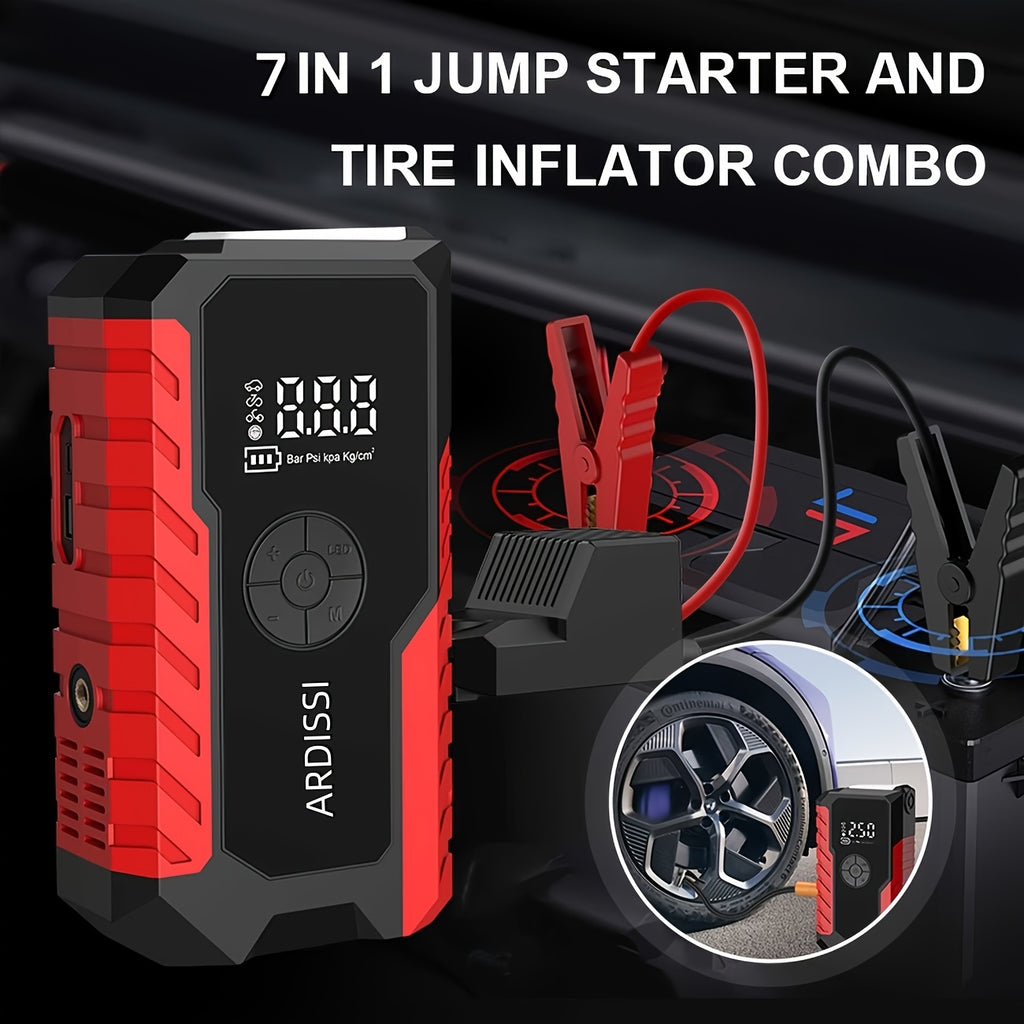 10000A 7-In-1 Multifunctional Emergency Jump Starter with 150PSI Air Pump, Digital Tire Inflator, Portable Car Battery Charger, Up to 2.64gal Gas/2.38gal Diesel, LED Emergency Light & USB Charging, Car Emergency Tool. Suitable As a Holiday Gift