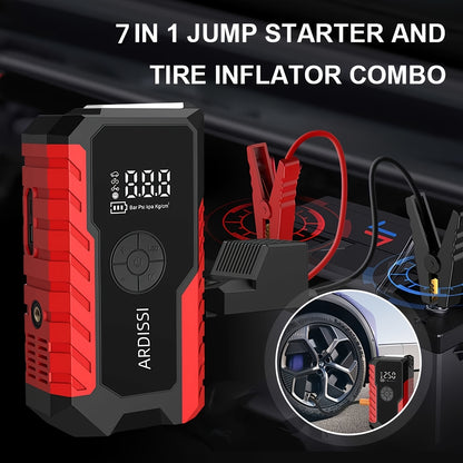 Portable Car Jump Starter 10000A with 150PSI Air Compressor Tire Inflator, 7-in-1 Emergency Battery Booster Pack for 12V Vehicles Up to 8.0L Gas/7.0L Diesel, 10000mAh Power Bank, LED Light & USB Charging