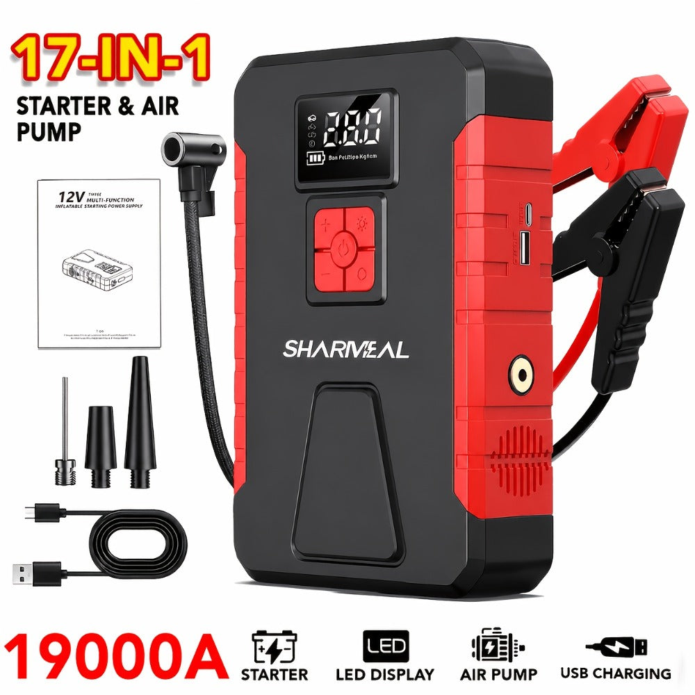 Portable Jump Starter with Air Compressor – 15000A-19000A Peak 350PSI 12V 17-in-1 Car Battery Jump Starter, Digital Display, LED Light & Smart Clamp for Cars Trucks SUVs