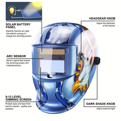 Auto Darkening Welding Helmet True Color Solar Powered – Large View Area DIN 9-13, 1/25000s Response, Adjustable Headgear Eagle Lightning