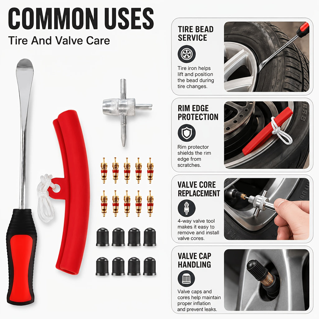 29/24/12pcs Tire Changing And Valve Service Tool Kit with Tire Lever Tools, Valve Caps, Valve Cores, 4-Way Valve Tool, And Storage Pouch for Garage Tire Maintenance And Vehicle Care