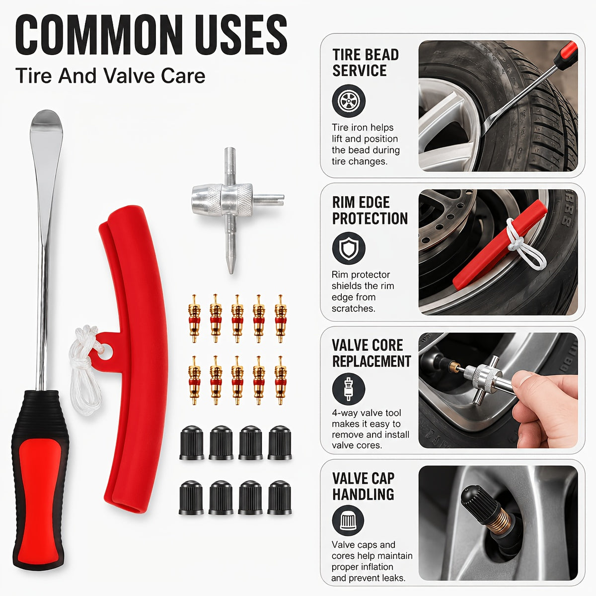 29/24/12pcs Tire Changing And Valve Service Tool Kit with Tire Lever Tools, Valve Caps, Valve Cores, 4-Way Valve Tool, And Storage Pouch for Garage Tire Maintenance And Vehicle Care