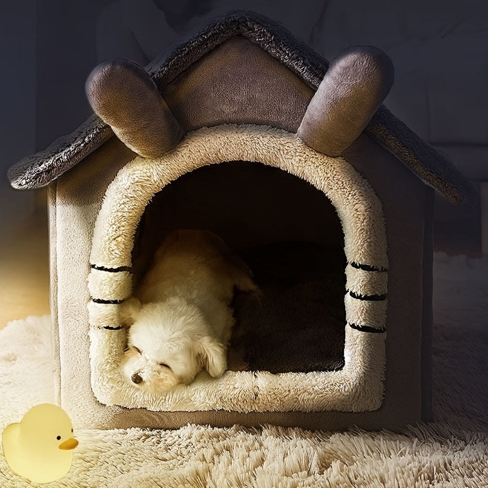 Cat Cave Bed Washable Pet House for Cats & Dogs – Detachable Soft Polyester Cat Nest, Cozy Winter Indoor Cat Bed, Classic Gray & White Design, Large Size 19" x 15" x 18"