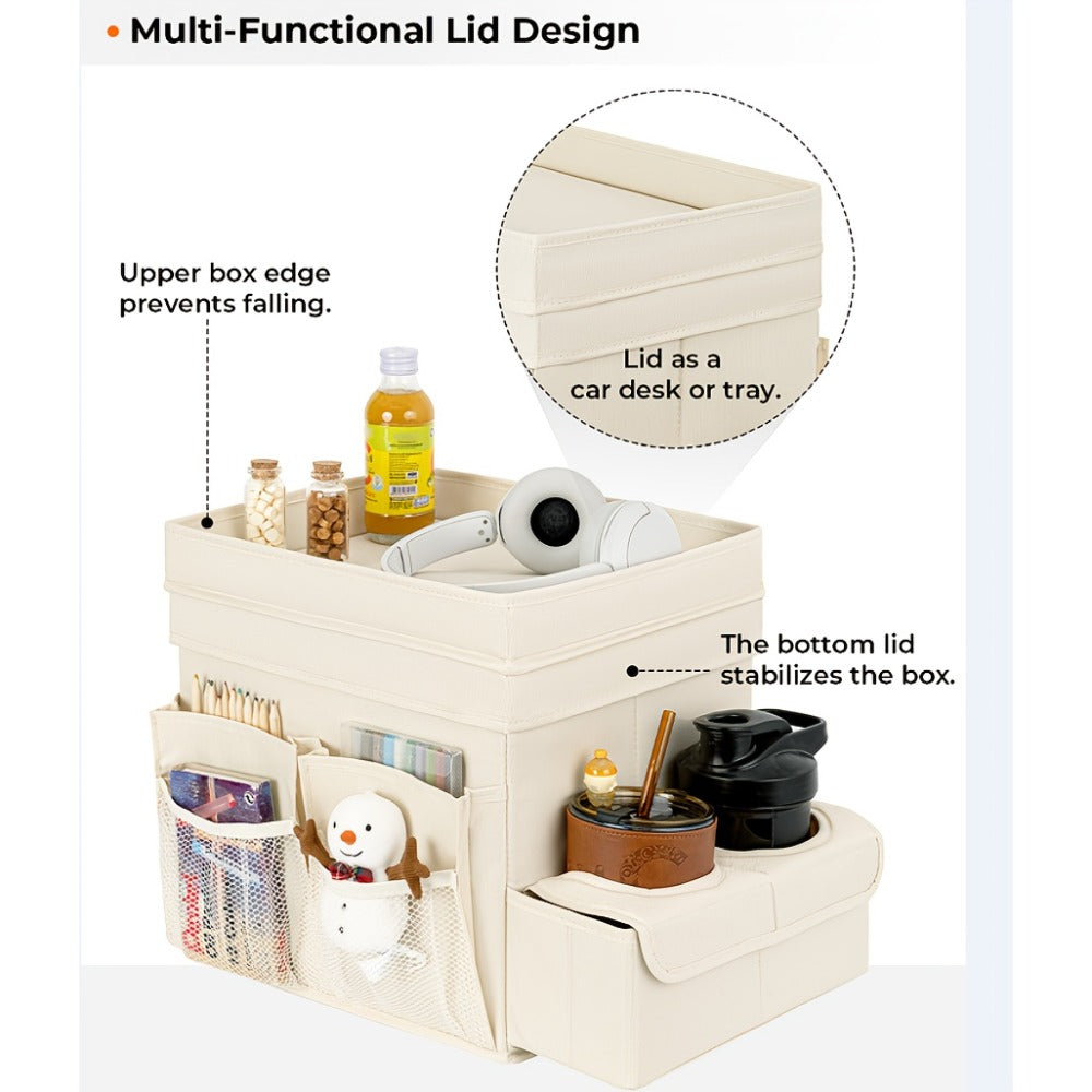 Car Seat Organizer with Cup Holder & Cooler Compartment – Multi-Pocket Backseat Storage Bag for Adults, Front & Rear Seat Travel Tray, Sturdy Handles, Neutral Design, Medium & Large