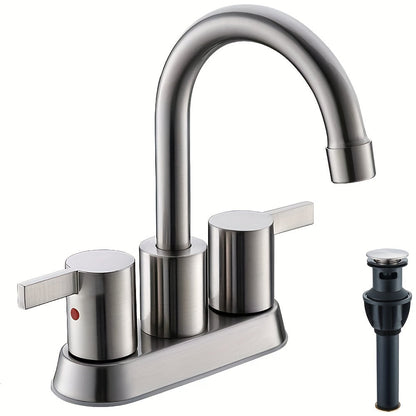 Bathroom Faucet 4-Inch 2-Handle Centerset – 360° Swivel Spout, Pop-Up Drain & Supply Lines Included, 2-3 Hole Vanity Sink Faucet for RV & Home, Brushed Gold, Matte Black, Nickel & Chrome