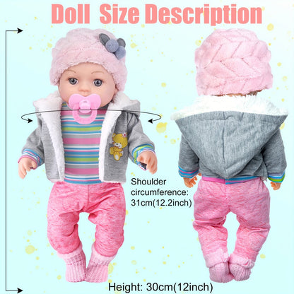Winter Outfit Baby Doll Set 12 Inch Plush Coat Movable Limbs Clothes Socks Pacifier Bottle Utensils Nurturing Play Gift for Girls Kids Ages 3+ Birthday Christmas Holiday