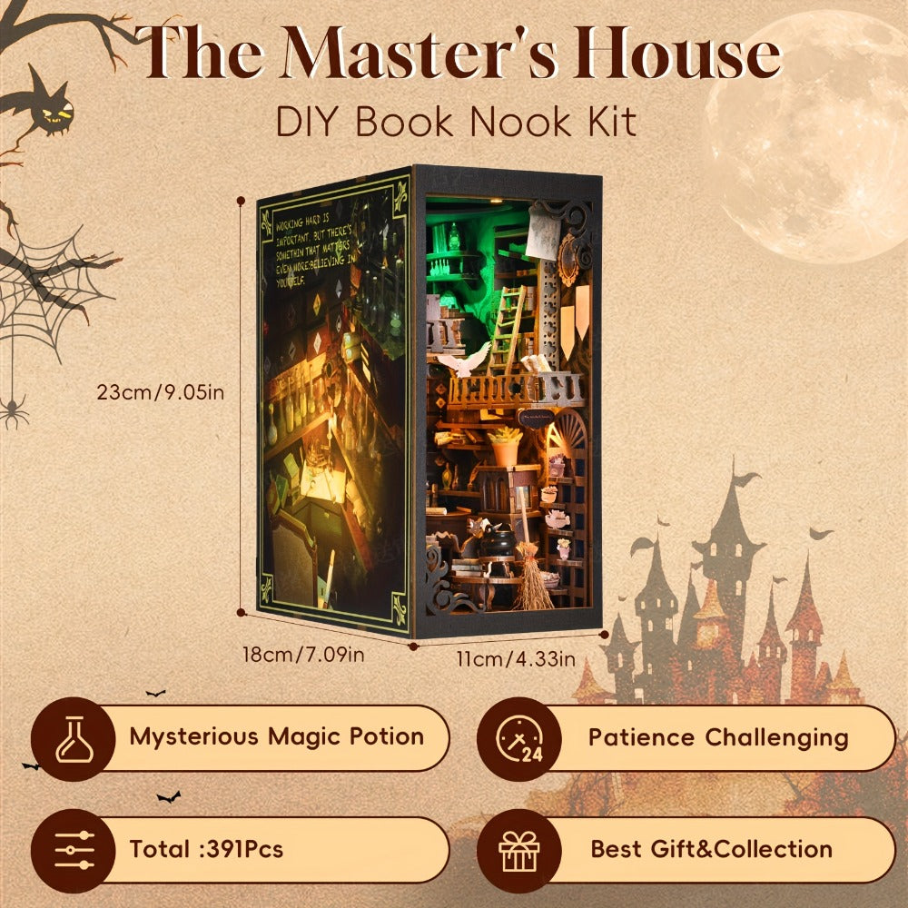 LED Book Nook Kit Master's House – DIY 3D Wooden Vintage Alley Bookshelf Insert with LED Light, Miniature Scene Craft for Adults & Teens, Unique Bookend Home Decor, Birthday Christmas Valentine's Day Gift