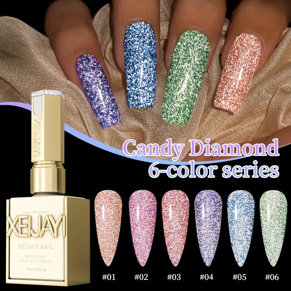 Glitter Gel Nail Polish Set 6pcs Crushed Starlight Sparkling Rhinestone Soak-Off UV LED 0.51oz Each – Photo Frame & Candy Styles Seasonal Nail Art Kit for Women, Salon & Home Manicure, Gift for Her