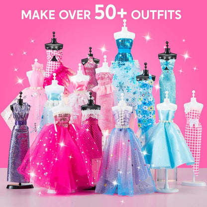 Fashion Design Kit for Girls 400+ Pieces – 3 Mannequins 21 Fabrics Ribbons Trims No-Sew DIY Dress Up Craft Set, Birthday Gift for Aspiring Designers Ages 8 9 10 11 12
