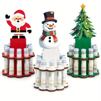 Christmas Money Tree Holder 3-Pack – Wooden Bill Dispenser Ornament with 10 Slots, Holiday Money Gift Display Stand, Table Decor for Winter Party Favors Stocking Stuffers