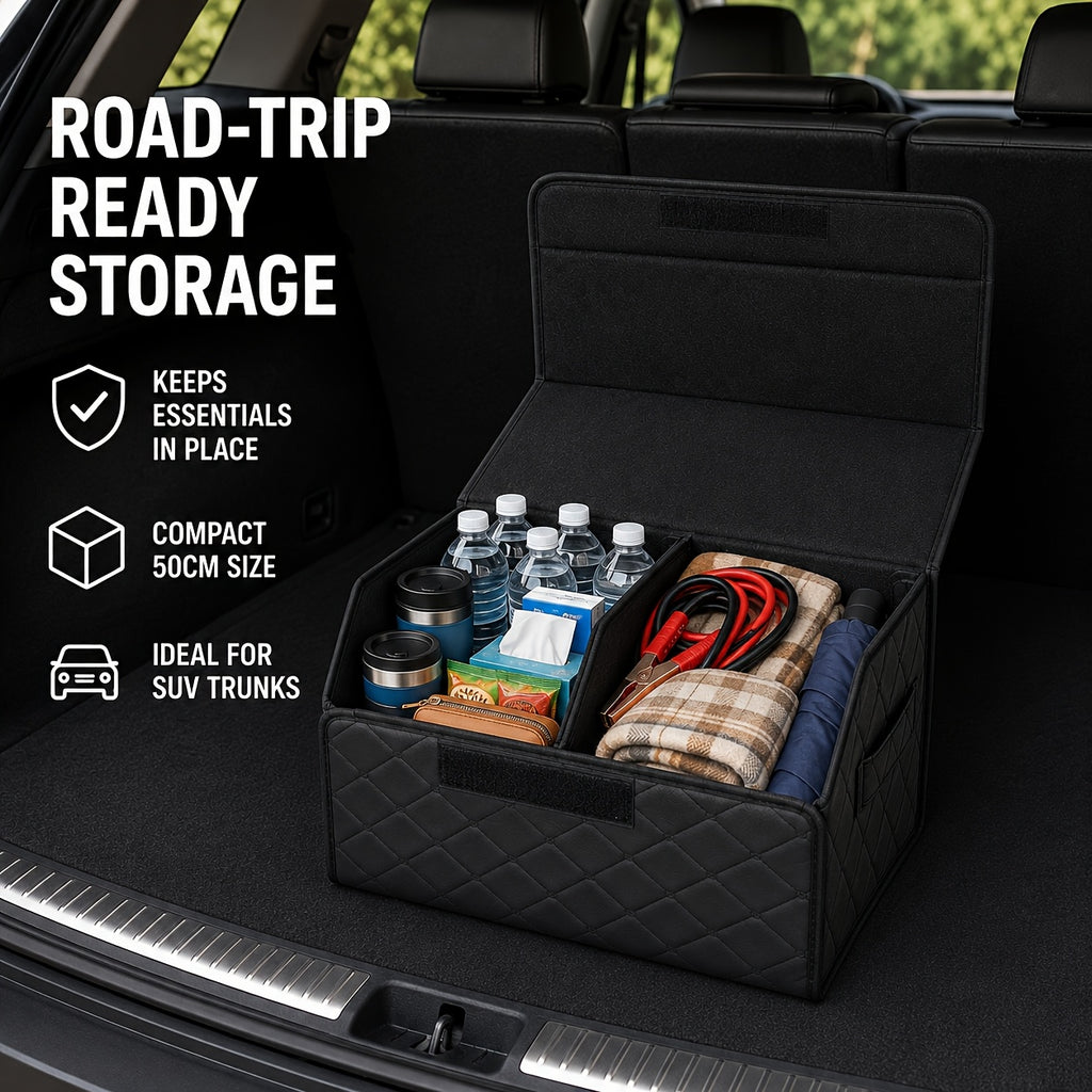Faux Leather Car Trunk Organizer with Lid, Keep Your Trunk Tidy, Foldable Large Capacity Cargo Storage Box for Groceries, Tools, Sports Gear, Travel Essentials, Suvs, Sedans, And Trucks