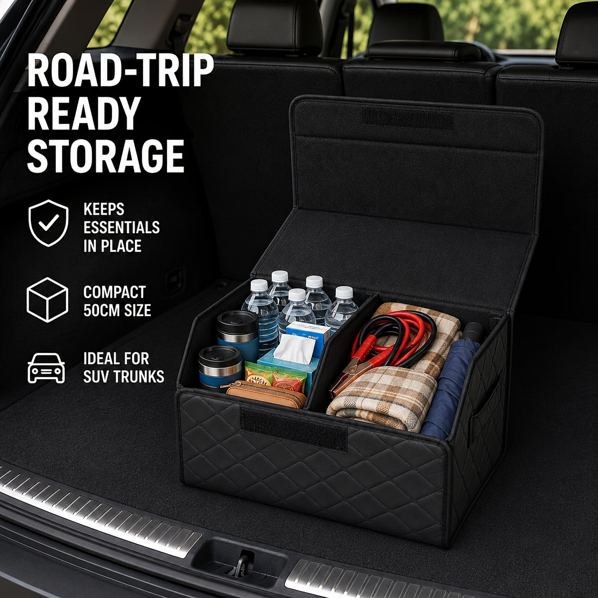 Faux Leather Car Trunk Organizer with Lid, Keep Your Trunk Tidy, Foldable Large Capacity Cargo Storage Box for Groceries, Tools, Sports Gear, Travel Essentials, Suvs, Sedans, And Trucks