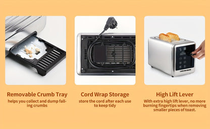 Stainless Steel Toaster 2-Slice Smart Touch Screen – 5 Bread Selections, 7 Shade Settings, Bagel/Defrost/Cancel/Reheat, 1.5" Wide Slot, Removable Crumb Tray