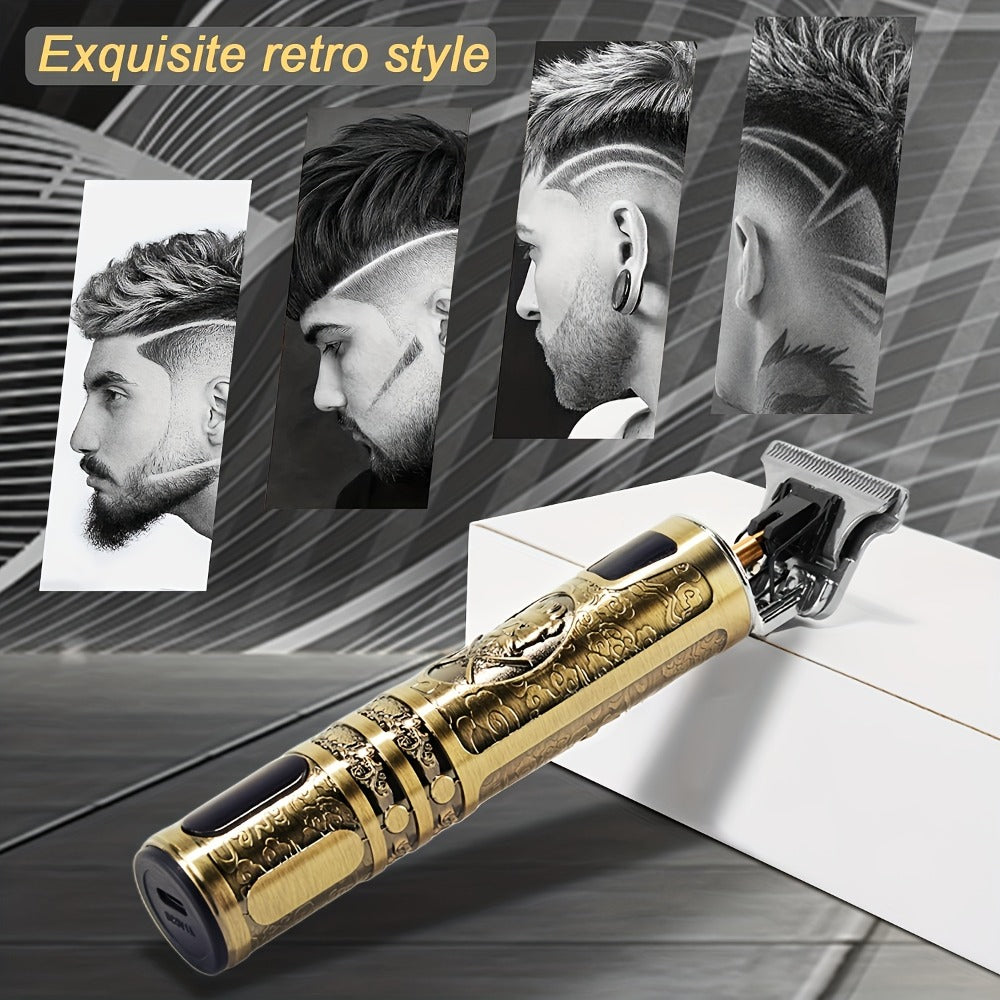 LED Hair Trimmer for Men - T-Blade USB Rechargeable 2000mAh, Vintage Dragon & Mustache Design, 4 Guide Combs, Cordless Precision Grooming, Holiday Gift for Him