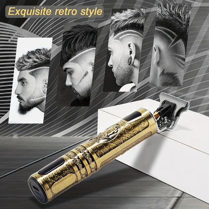 LED Hair Trimmer for Men - T-Blade USB Rechargeable 2000mAh, Vintage Dragon & Mustache Design, 4 Guide Combs, Cordless Precision Grooming, Holiday Gift for Him