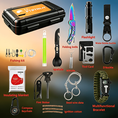 Outdoor Survival Kit 12-115 Piece – Emergency Gear Set for Camping, Hiking & Survival, Multi-Tool Equipment for Men, Dad, Husband – Unique Outdoor Gift Idea