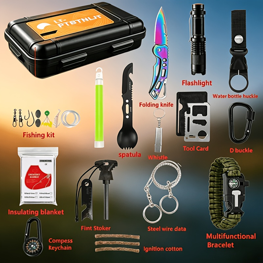Outdoor Survival Kit 12-115 Piece – Emergency Gear Set for Camping, Hiking & Survival, Multi-Tool Equipment for Men, Dad, Husband – Unique Outdoor Gift Idea