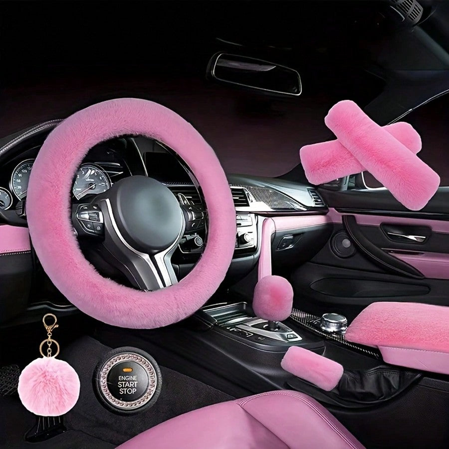 8pcs Set Combination Pink Goddess Plush Car Steering Wheel Cover Rex Rabbit Fur Fluffy Steering Wheel Cover, Purple Car Accesaories