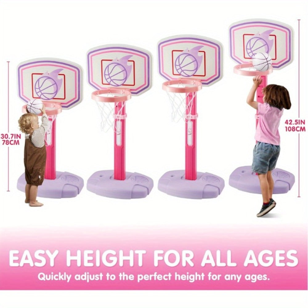 Toddler Basketball Hoop Adjustable Height 2.5-3.5ft Kids Basketball Goal with 4 Balls Air Pump Indoor Outdoor Sports Toy for Boys Girls Ages 1-6 Birthday Christmas Easter Gift Pink Purple