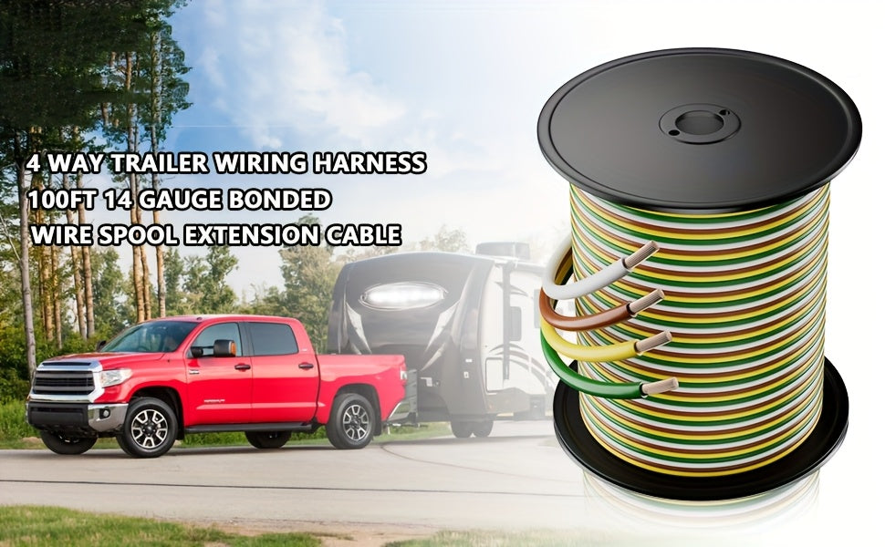 100ft Bonded 4-Way Trailer Wire, RV Camper Towing Boat Trailer Wiring Harness Wire Spool, Primary 4-Wire 14 Gauge CCA Wire, Ideal for All Basic Needs(Green, Yellow, Brown, White)