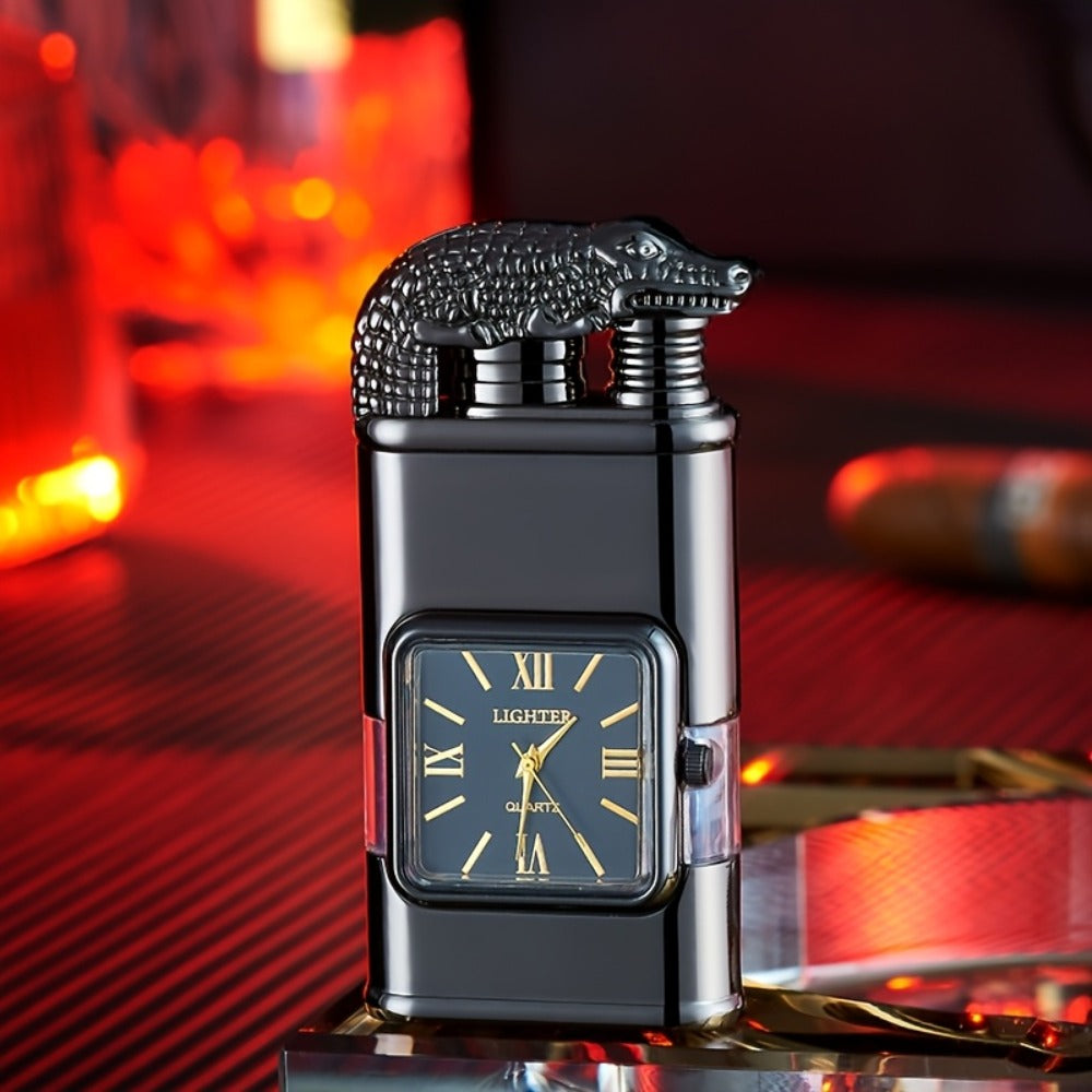 Double Flame Torch Lighter for Men – Windproof Refillable Butane Lighter with Vintage Quartz Dial, Zinc Alloy Body, Gift Box Included, Outdoor Camping BBQ Survival, Unique Engraved Style (Butane Not Included)