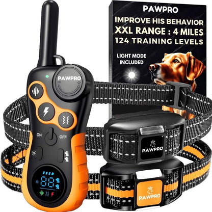PAWPRO Dog Shock Collar 4-Mile Range Remote Training Collar - 124 Adjustable Levels, 4 Modes Beep Vibration Shock LED, Fits 5-135 lbs Dogs, 2-Year Warranty & Expert Training Guide Included
