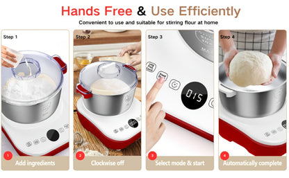 Electric Dough Maker 7Qt with Fermentation Function - 250W Dough Kneading Machine, 304 Stainless Steel Bowl, Microcomputer Timer, Constant Temperature Ferment, for Bread Pizza Pasta Dumplings, Red/White