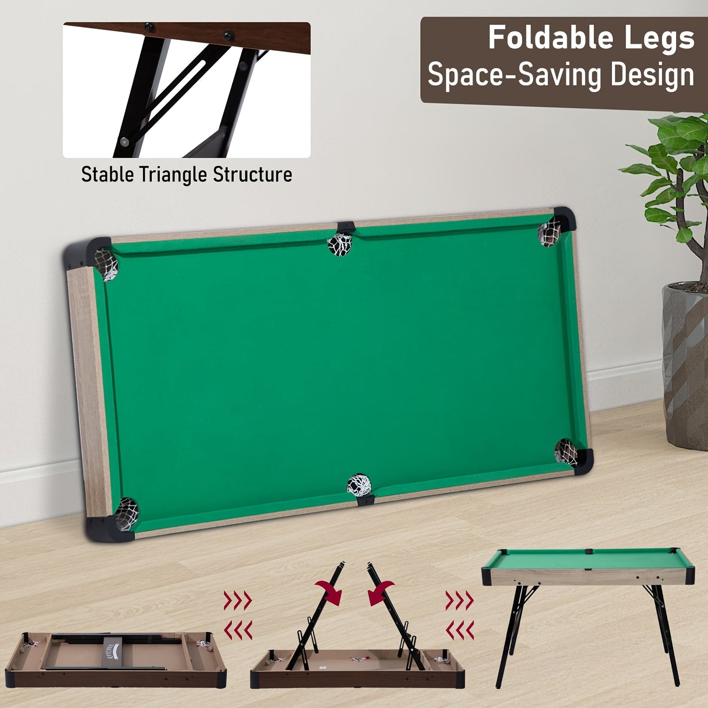 Folding Pool Table 48 Inch – Portable Billiard Table with Locking Legs Balls Cues Triangle Chalk Brush for Home Game Room