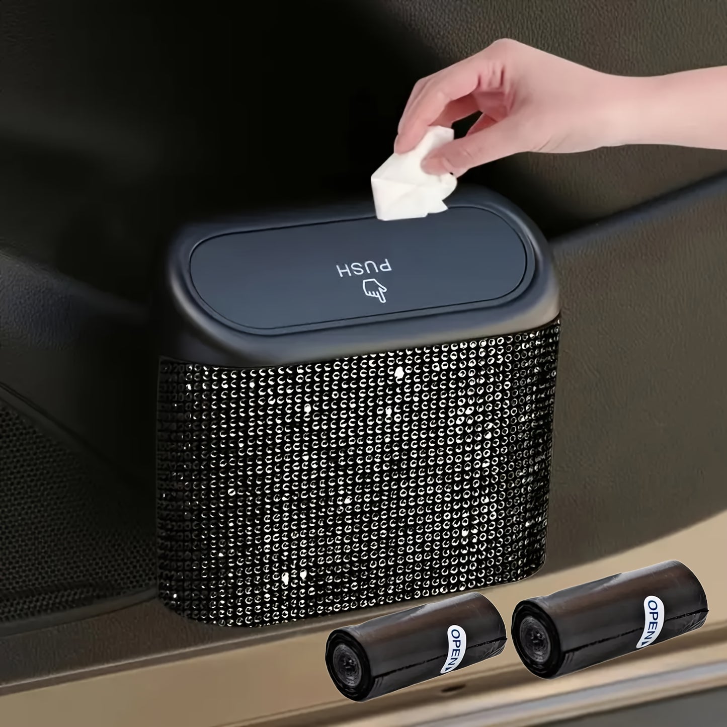 3pcs/Set 1pc Sparkling Rhinestone Car Trash Can with Lid, Plus 2 Trash Bag-Concealed Hanging Interior Storage Bin, Versatile Car Additions, Leakproof Automotive Garbage Container Bin, Storage Bin for Vehicle Interior, Door, Seat Back, Home, Office