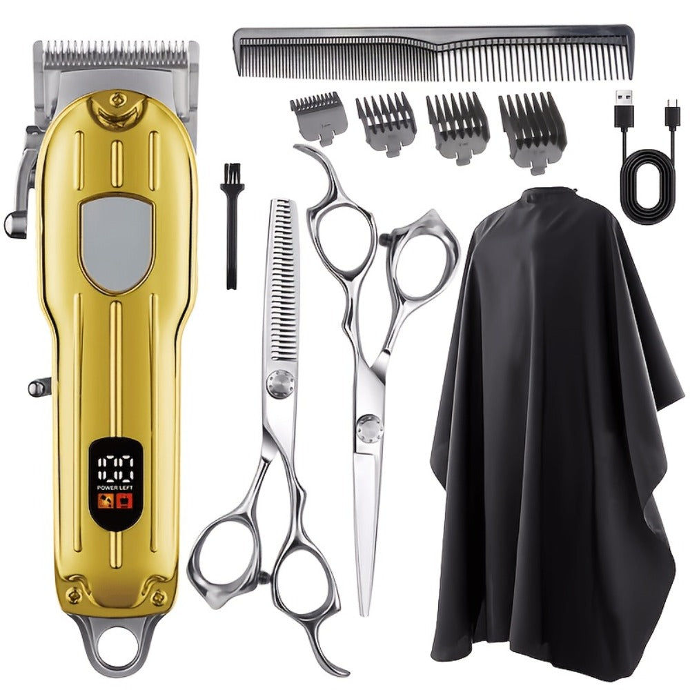 Barber Hair Clipper Kit for Men — USB Rechargeable Digital Size Adjustment, Complete Set with Scissors & 4 Limit Combs, Professional Home Barbering Grooming Set, Gift for Dad & Husband