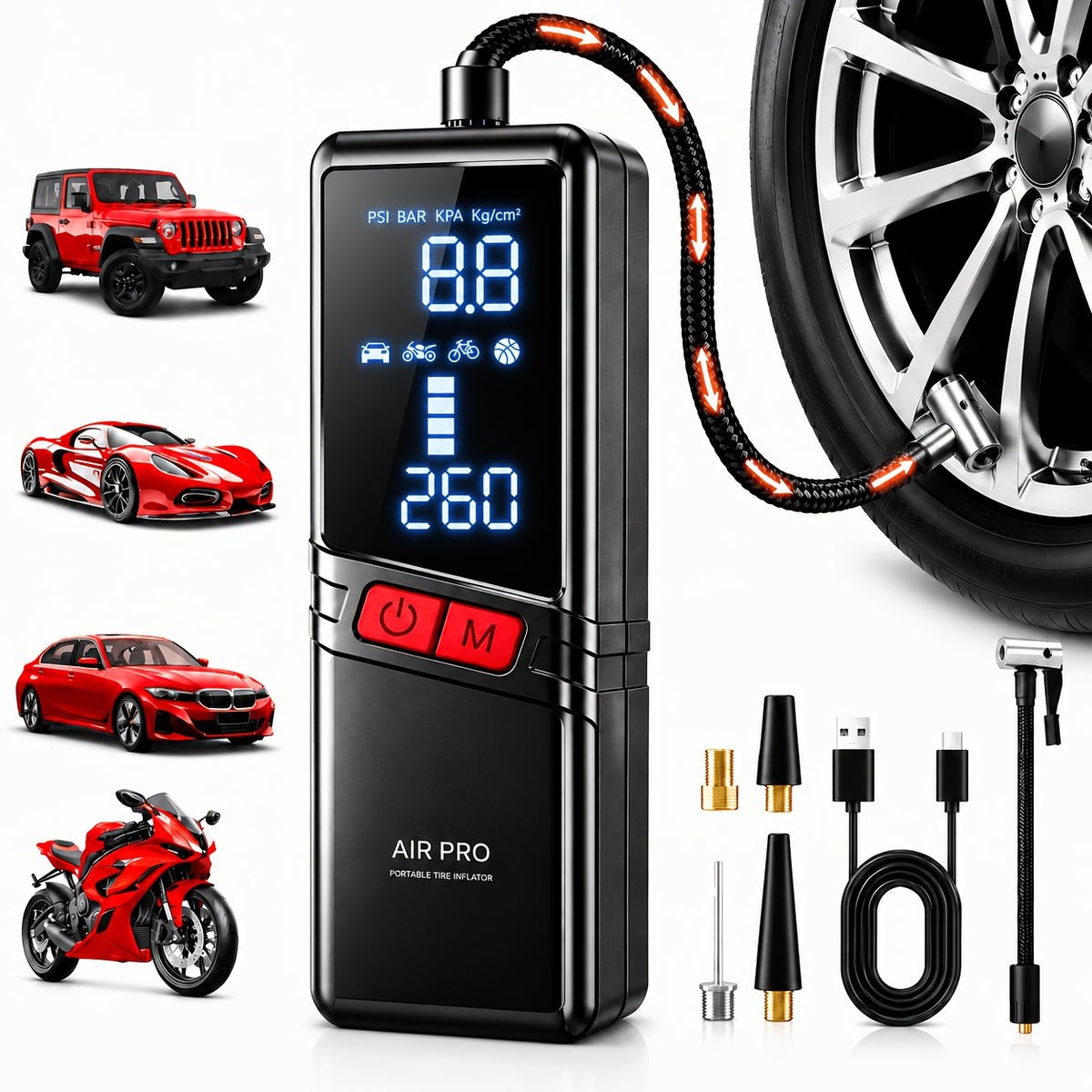 12000APortable Wireless Car Air Compressor Inflator Hand Pump with LED Lighting, Suitable for Cars/motorcycles/bicycles