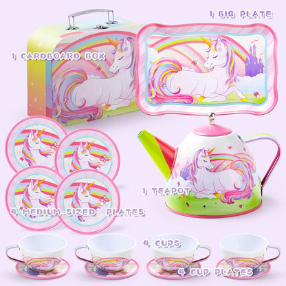 Unicorn Tea Party Set for Girls – Pretend Play Pink Tin Teapot with Cups, Plates & Carrying Case, Magical Rainbow Design, Birthday Christmas Gift for Kids Ages 3+