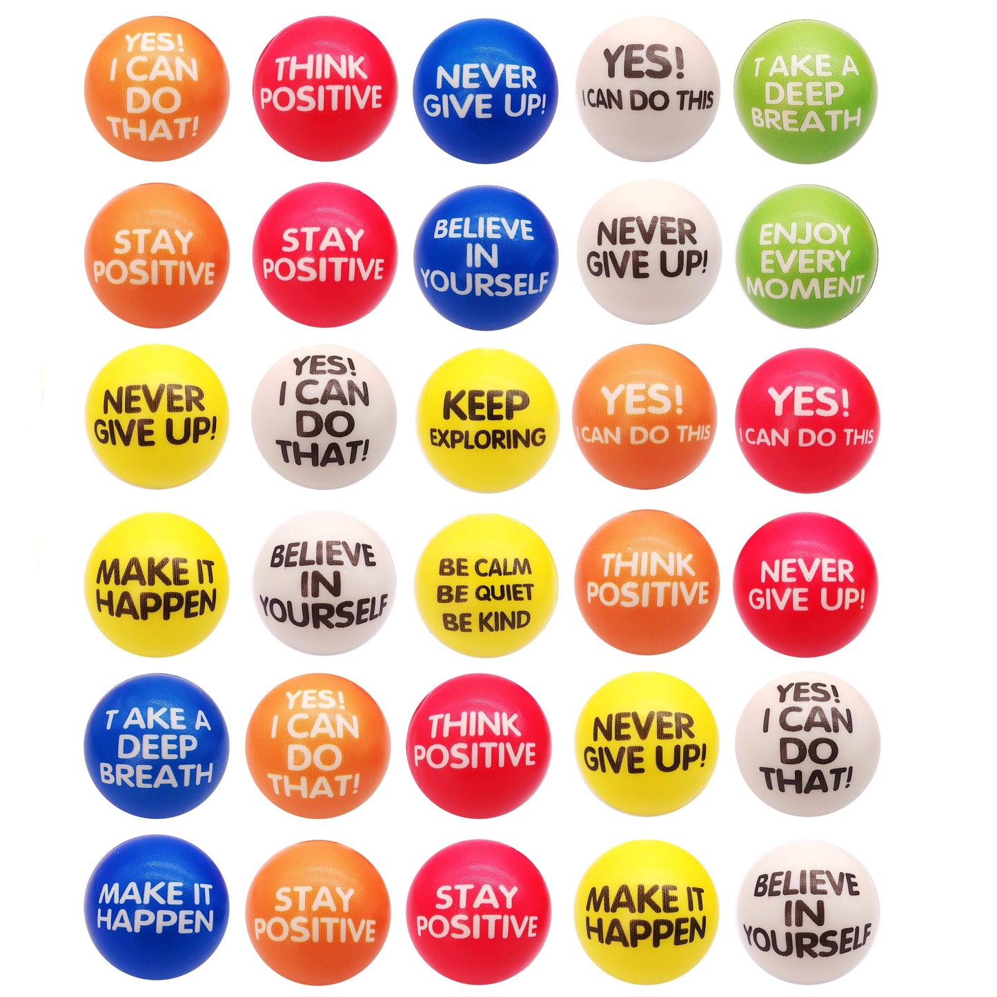Inspirational Sponge Stress Balls 30 Pack 6.3cm – Motivational Slogan Hand Fitness Relaxation Balls for Classroom Rewards, Office Team Building, Party Events & Christmas Gifts