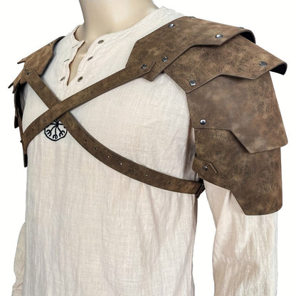 Medieval Shoulder Armor Double Pauldron for Men & Women – Embossed PU Faux Leather Warrior Pauldrons for Halloween LARP Cosplay Renaissance Fair Theater, Khaki Dark Brown Black