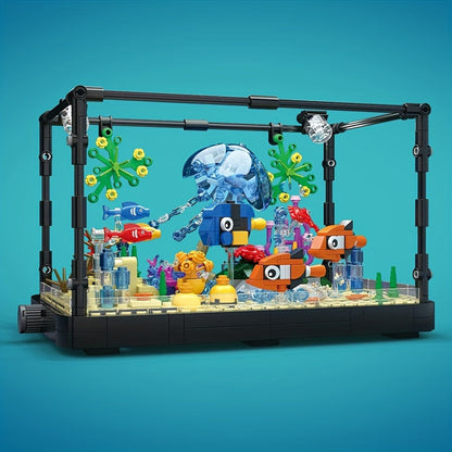 LED Aquarium Building Block Set – Fish Tank Marine Jellyfish Brick Model Kit with Glowing Light, Unique Home Office Decor Display Gift for Adults Teens Ocean Lovers Birthday Christmas (Model RB0049)