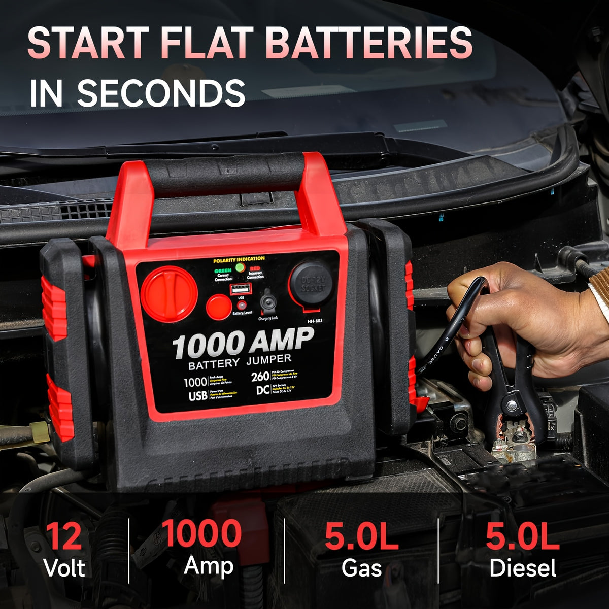 Car Jump Starter, Portable Air Compressor, 12000 Mah Portable Power Station, 12V DC Ports USB Port, 260PSI Tire Inflator, Emergency LED Light, Includes Jumper Cables