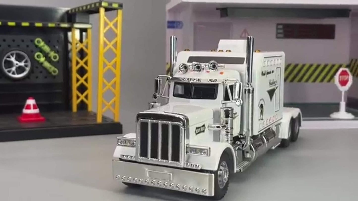 Semi Truck Toy 1:24 Scale Die-Cast Metal Pull-Back Alloy Semi-Trailer Truck with Trailer – Heavy Duty Truck Model Collectible Ornament for Kids Boys Ages 3+ | Best Birthday Christmas Gift
