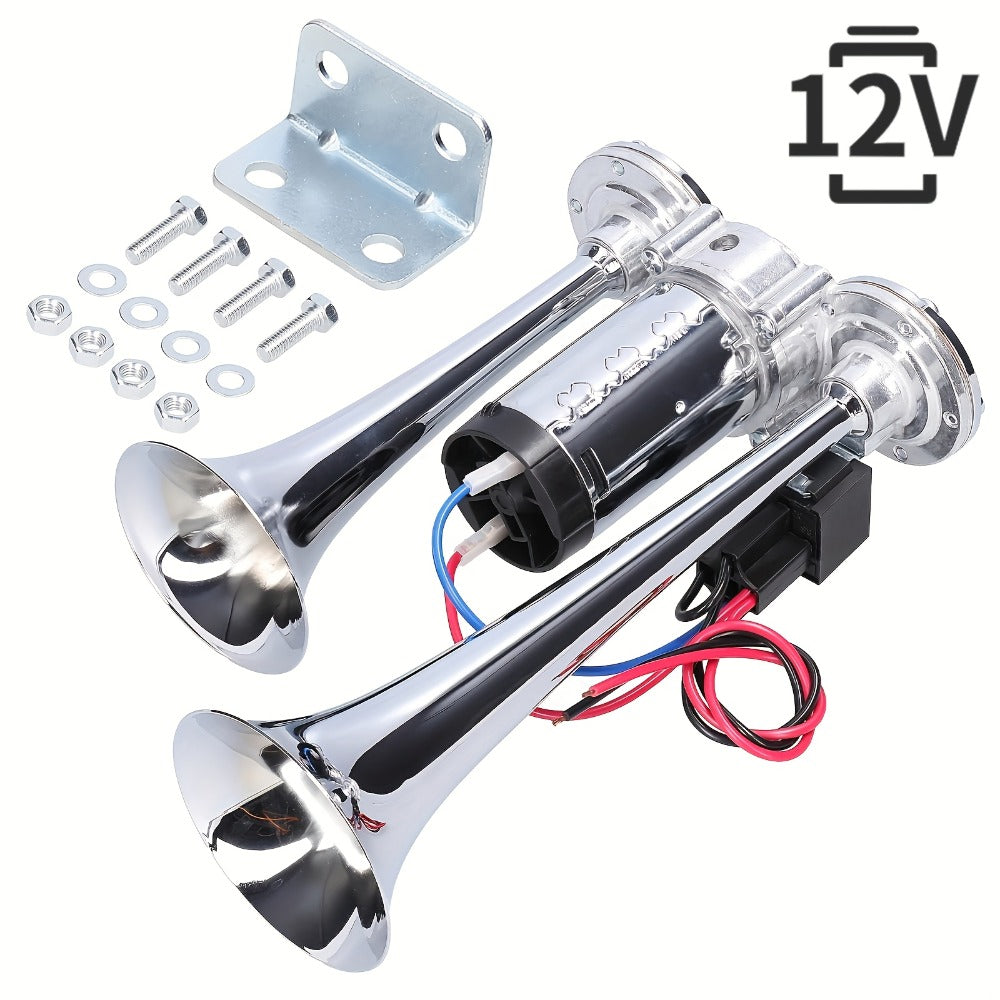 Loud Air Horn for Truck - 130dB Double Tube Aluminum Alloy with Compressor, 12V/24V Universal, Super Loud for SUV, Boat, Motorcycle, Off-Road, Bus, Quick Install