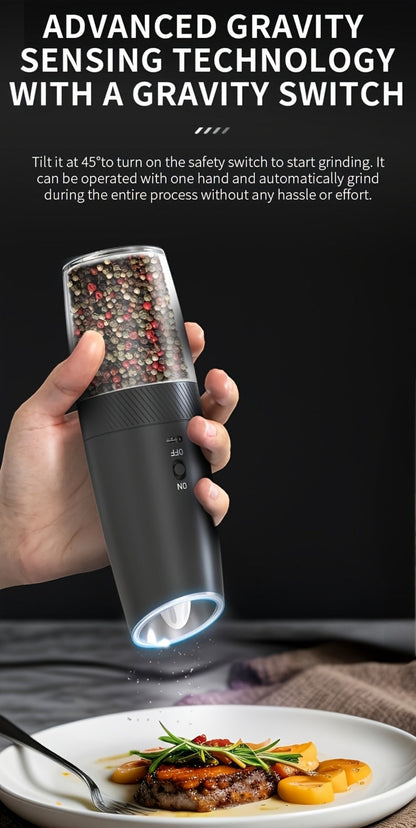 Electric Salt and Pepper Grinder Gravity Sensing USB Rechargeable with LED Light, One-Hand Operation Automatic Pepper Mill Adjustable Coarseness, Battery or Type-C Powered Kitchen Spice Grinder Set 1-2pcs