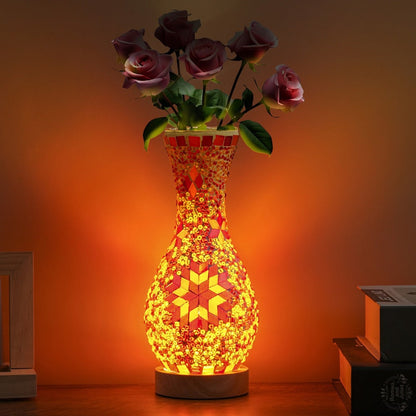 Mosaic Vase Lamp Turkish Moroccan Handmade Colorful Glass Table Lamp with Wooden Base – USB Plug-In Boho Night Light, Flower Vase Lamp for Bedroom Living Room Decor, Bohemian Mosaic Desk Lamp Gift