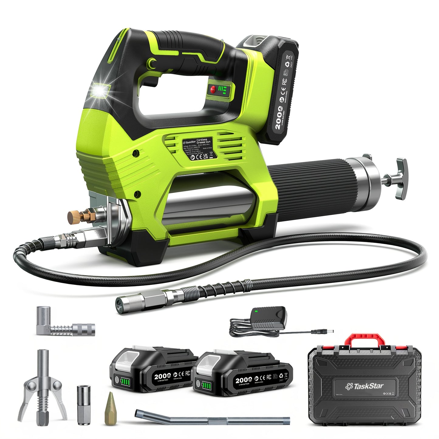 Taskstar 12000PSI Electric Grease Gun: Wireless 3-Speed with Dual 2.0Ah Batteries, Brushless Motor, And LED Light - Built for Heavy-Duty Use