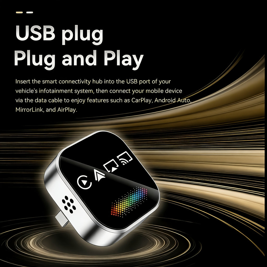 2026 Upgraded 4-in-1 Mini Wireless CarPlay Adapter, with Colorful Breathing Light, Plug & Play Wired to Wireless Converter for IOS CarPlay & Android Auto, BT 5.0, USB & USB-C Compatible