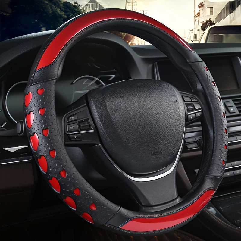 Stylish Faux Leather Steering Wheel Cover With Heart Pattern - Non-Slip, Wear-Resistant, Anti-Aging, All-Season Use, Sports Style Interior Accessory, Ideal Gift For Car Enthusiasts, Car Interior Accessory | Heart Pattern Design