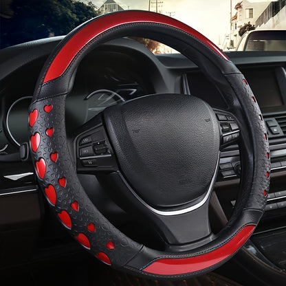 Stylish Faux Leather Steering Wheel Cover With Heart Pattern - Non-Slip, Wear-Resistant, Anti-Aging, All-Season Use, Sports Style Interior Accessory, Ideal Gift For Car Enthusiasts, Car Interior Accessory | Heart Pattern Design