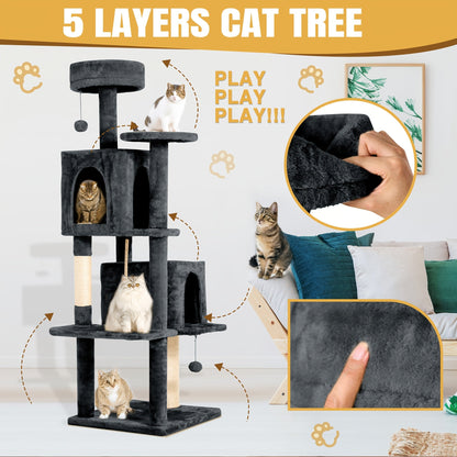 Cat Tree Tower 59 Inch Large Multi-Level Cat Tower for Indoor Cats with Plush Resting Area, Sisal Scratching Post & Hanging Ball Toy – Tall Cat Furniture for Bedroom Living Room, Multiple Colors
