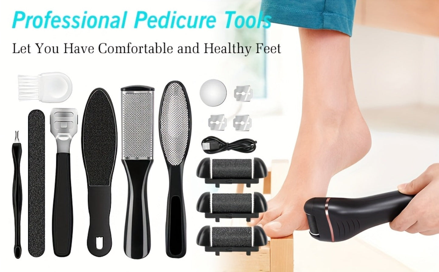 Electric Foot File 14-in-1 Rechargeable Pedicure Kit 3 Roller Heads Dead Skin Callus Remover Portable Foot Scrubber Professional Foot Care Tool for Women Men Black White Silver