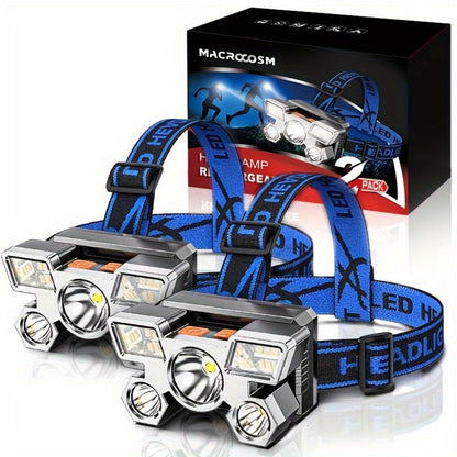 LED Headlamp 2 Pack USB Rechargeable IP44 Waterproof | 5 LED Multi-Mode Head Flashlight | Hands-Free Light for Camping Running Fishing Hiking Outdoor Adventures